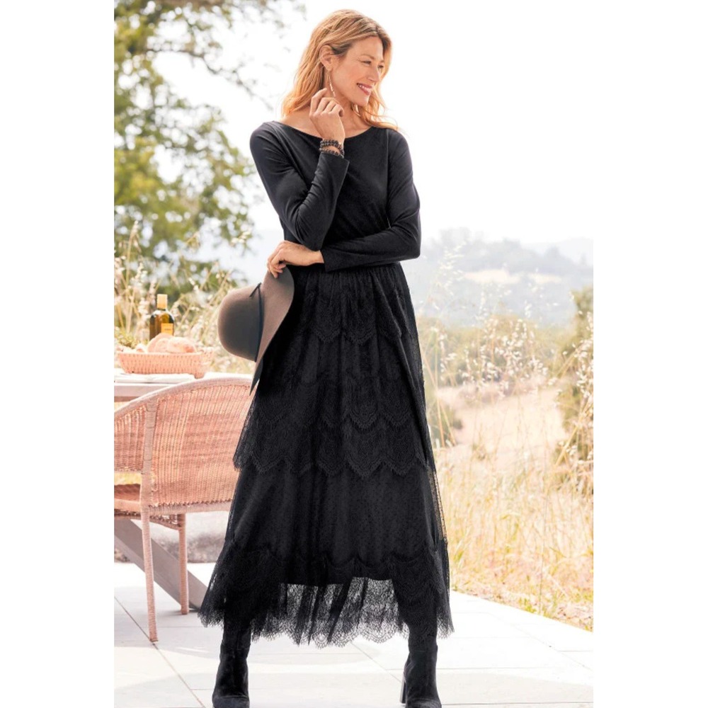 Soft Surroundings Frederica Dress Women 2X NEW Maxi Lace Tiered Dark Romantic